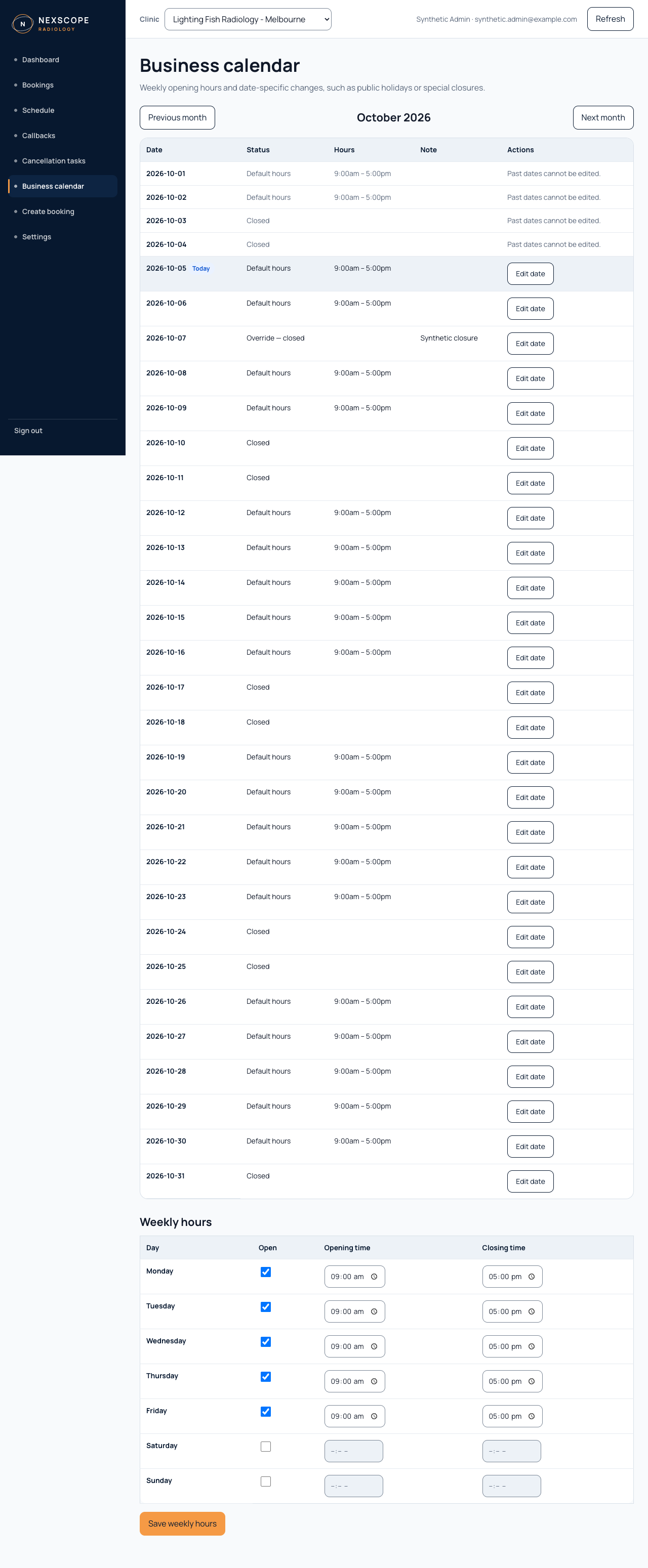 Business calendar with an Edit date action for each future date