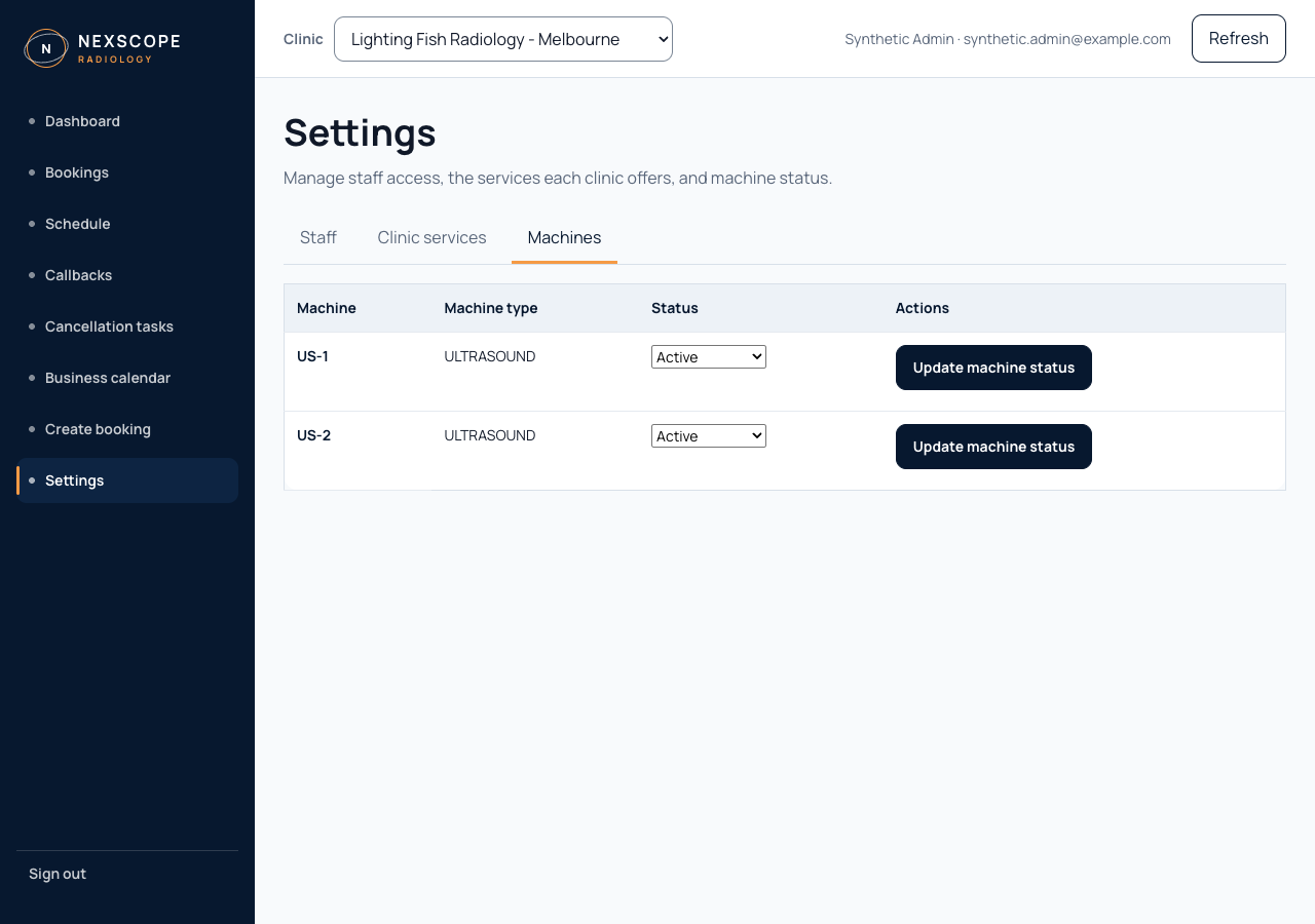 Administrator Settings screen showing machine status controls